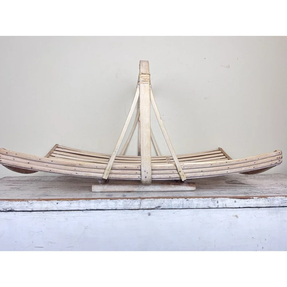 Vintage White Washed Bent Bamboo Garden Trug Handled Flower Basket 20”